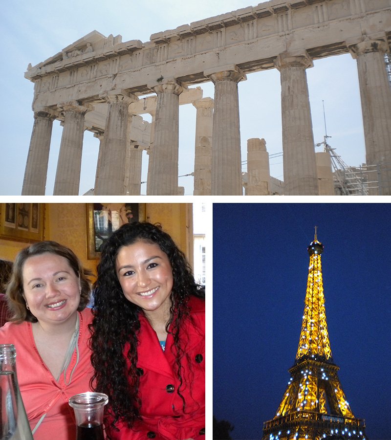 A 3-photo collage featuring two travelers smiling, ancient Greek architecture, and the Eiffel Towel lit up at night