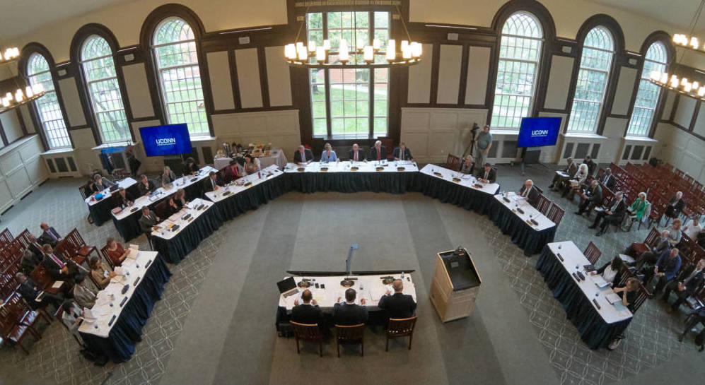 The Board of Trustees meet at the North reading room at the Wilbur Cross Building.