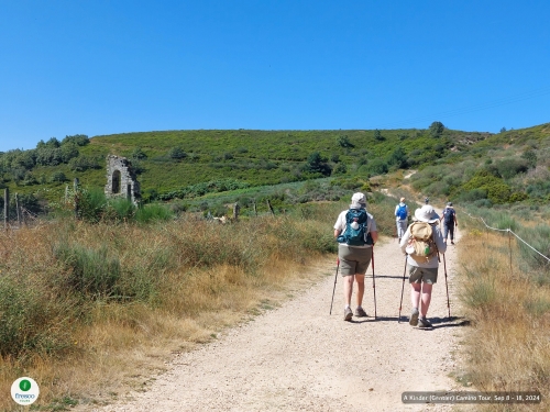 Two people with walking sticks hiking on a dirt path in Spain's Camino de Santiago