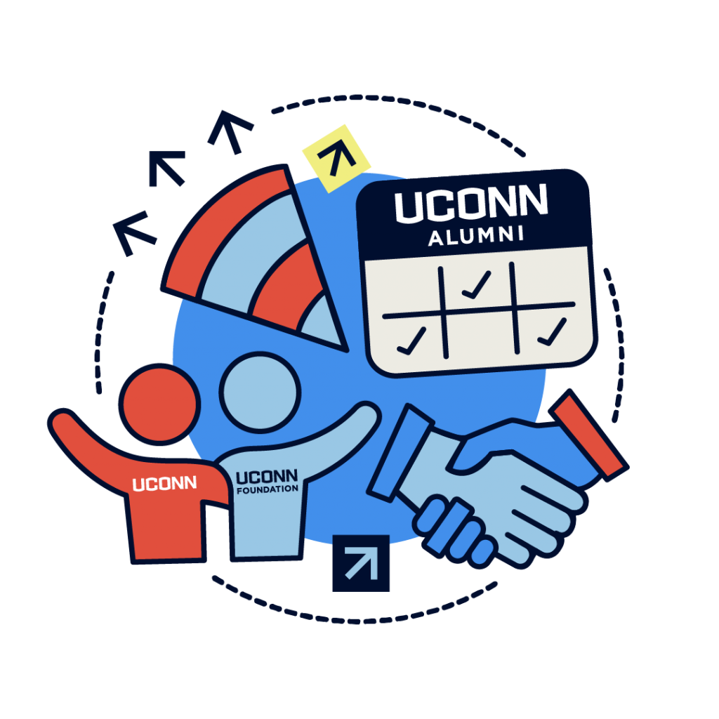The Alumni Ambassador logo featuring graphics of a UConn calendar and shaking hands