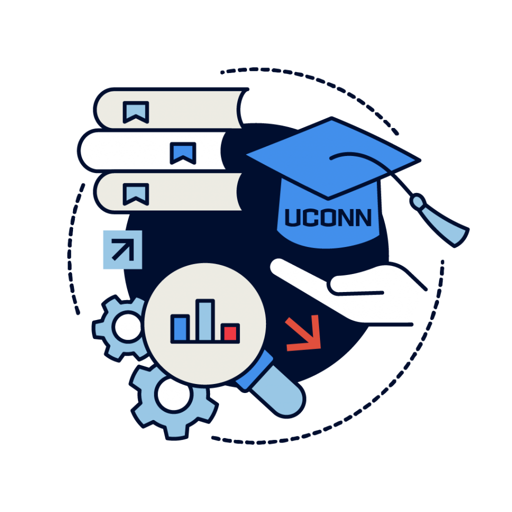 Husky Helper logo featuring graphics of books and a UConn grad cap